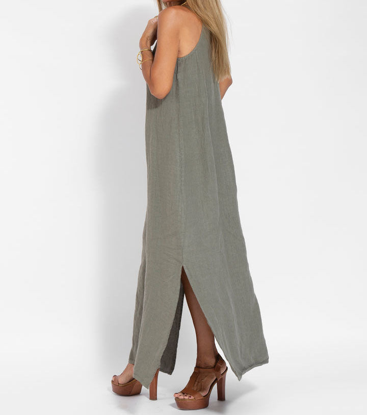 Chic Sleeveless Long Linen Dress in Solid Color