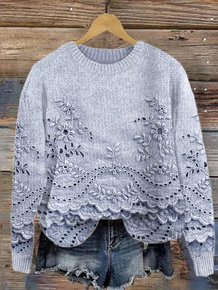 Retro Floral Lace Knit Sweater with Cozy Embroidery