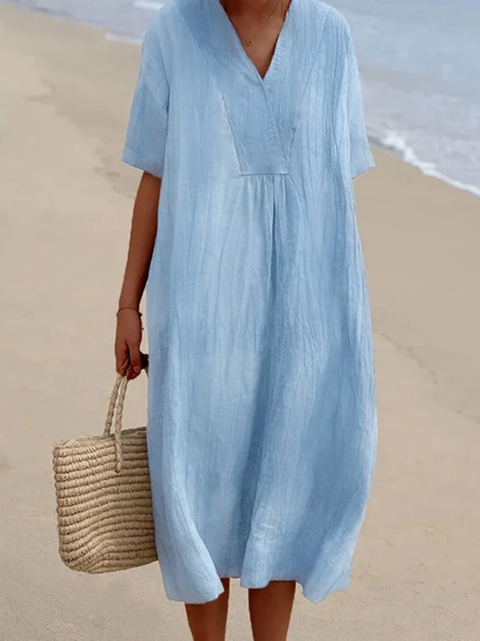 Casual Boho Loose Fit V-Neck Dress with Short Sleeves