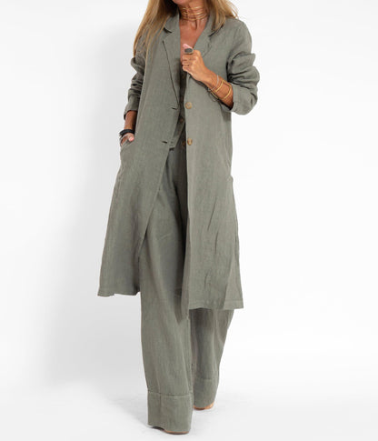 Chic Green Taupe Linen Overcoat for Women