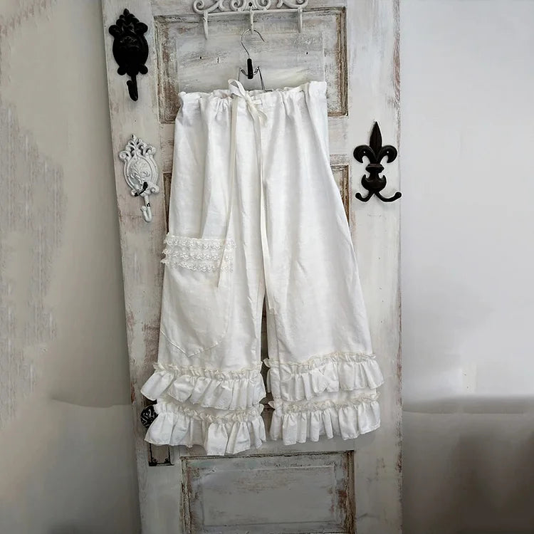 Retro Drawstring Flounced Pocket Trousers in Cotton Linen