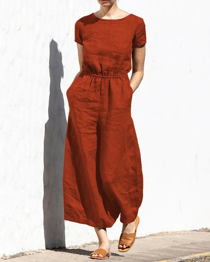 Eras - Casual Short Sleeve Linen Jumpsuit