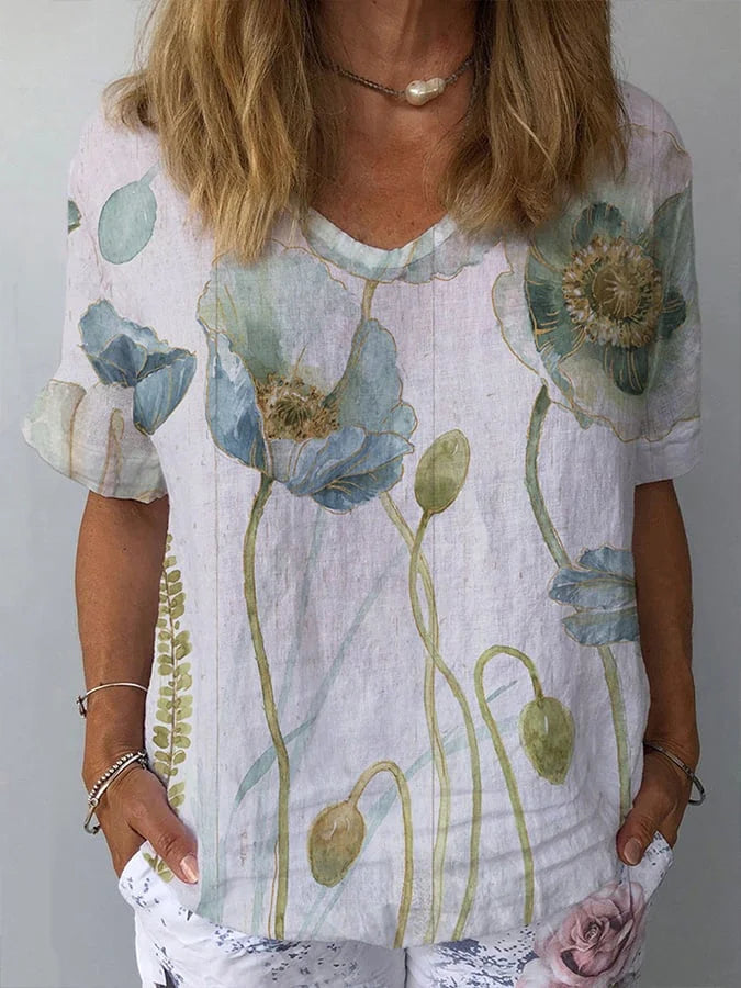 Women’s Casual Loose Top with Lotus Print in Cotton Linen