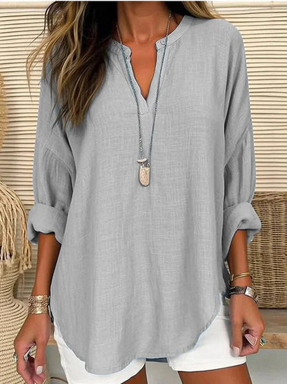 Long-Sleeve Cotton Beach Shirt with Round Neckline: Relaxed Fit