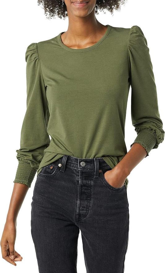 Lynda - Essentials Women's Long-Sleeve Crewneck Smocked Cuff T-Shirt