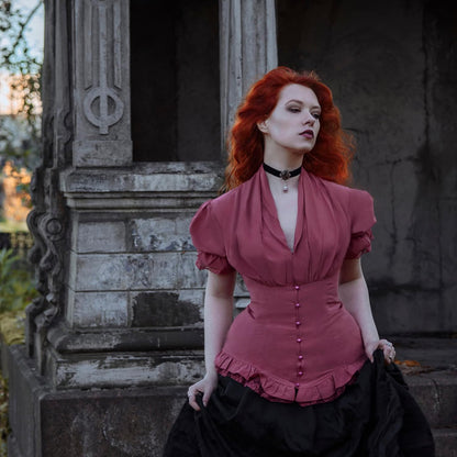 Sandra - Gothic Victorian Women's Lace-Up Blouse with Puff Sleeves and V-Neck Design