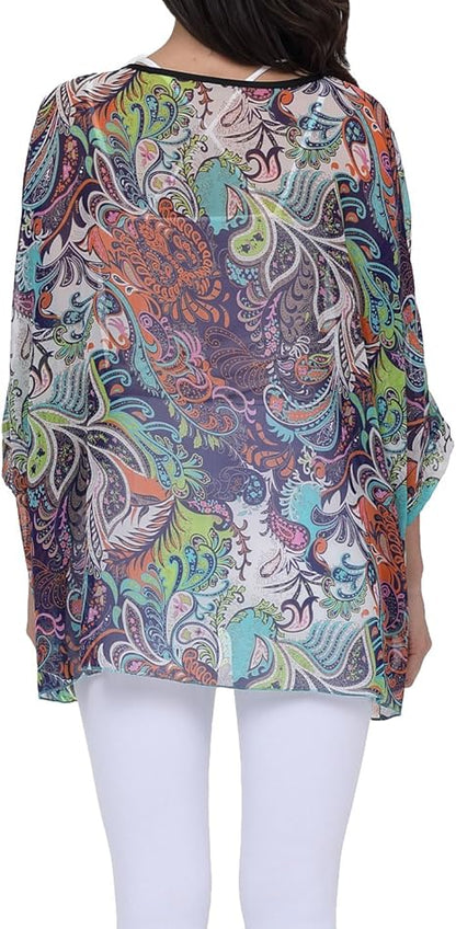 Joyce - Women's Sheer Floral Batwing Sleeve Oversized Off-Shoulder Tunic Blouse