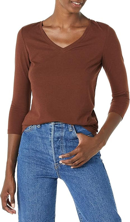 Lois - Essentials Women's Classic-Fit 3/4 Sleeve V-Neck T-Shirt (Available in Plus Size), Multipacks