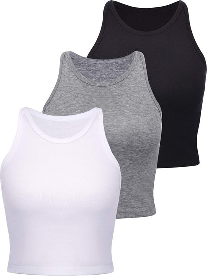 Leah - Set of 3 Women's Racerback Crop Tops - Cotton Workout Tanks for Fitness and Everyday Wear