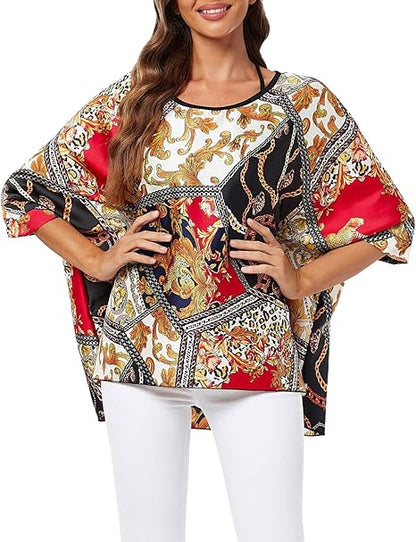 Josephine - Womens Floral Loose Batwing Sleeve Bohemian Sheer Chiffon Oversize Off Shoulder Blouse Tunic Tops