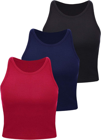 Leah - Set of 3 Women's Racerback Crop Tops - Cotton Workout Tanks for Fitness and Everyday Wear