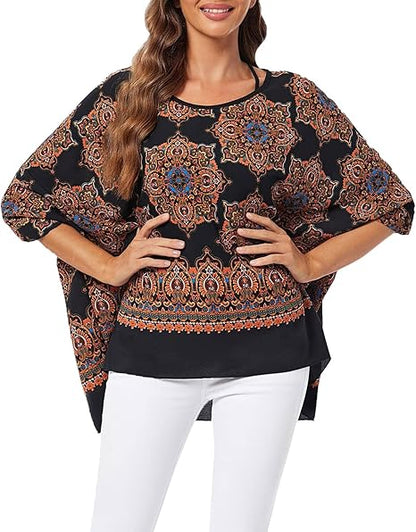 Josephine - Womens Floral Loose Batwing Sleeve Bohemian Sheer Chiffon Oversize Off Shoulder Blouse Tunic Tops