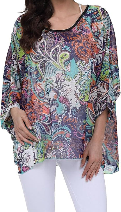 Joyce - Women's Sheer Floral Batwing Sleeve Oversized Off-Shoulder Tunic Blouse