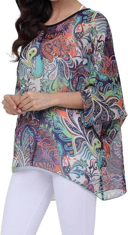 Joyce - Women's Sheer Floral Batwing Sleeve Oversized Off-Shoulder Tunic Blouse