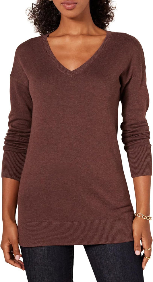 Susan - Essentials Women's Cozy Long-Sleeved V-Neck Tunic Sweater (Plus Size Available)