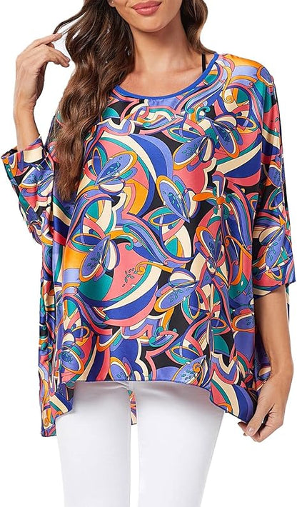 Josephine - Womens Floral Loose Batwing Sleeve Bohemian Sheer Chiffon Oversize Off Shoulder Blouse Tunic Tops