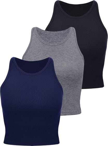 Leah - Set of 3 Women's Racerback Crop Tops - Cotton Workout Tanks for Fitness and Everyday Wear