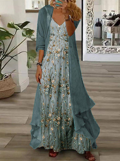 Mireille - Youthful Floral Maxi Dress with Lightweight Cardigan - Two-Piece Ensemble