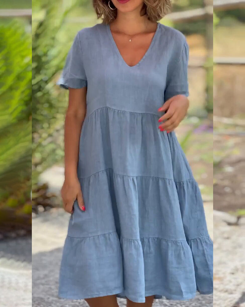 Chic Cotton-Linen V-Neck Shift Dress for Effortless Everyday Style