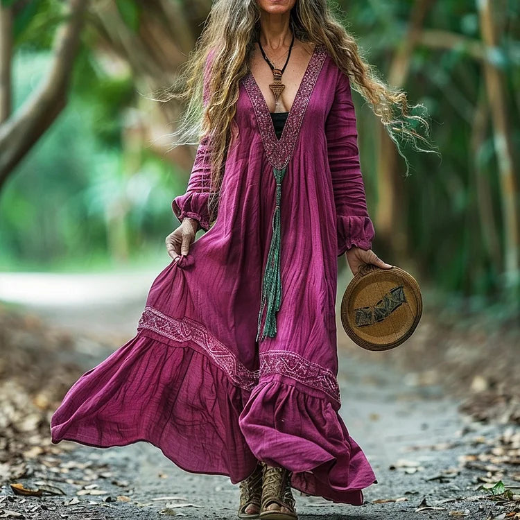 Women's Oversized Boho Chic Long Sleeve Maxi Dress in Linen