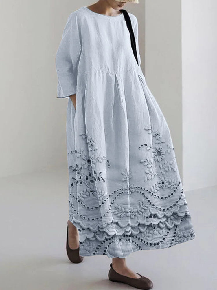 Floral Embroidered Lace Trim Ankle-Length Linen Maxi Dress