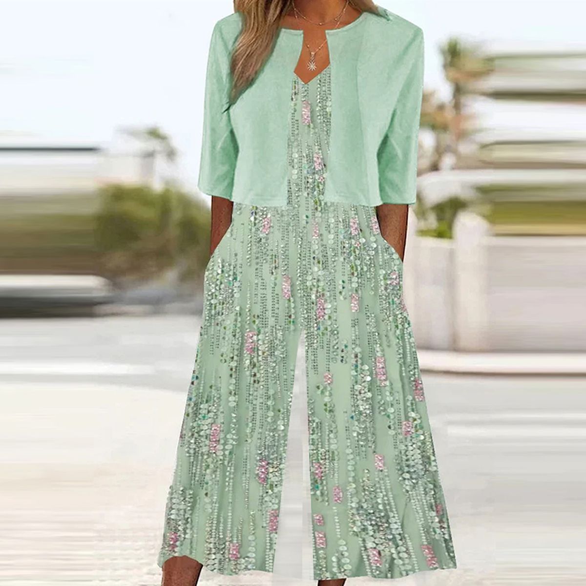 Hanni - Youthful Green Jumpsuit with V-Neck and Attached Cardigan