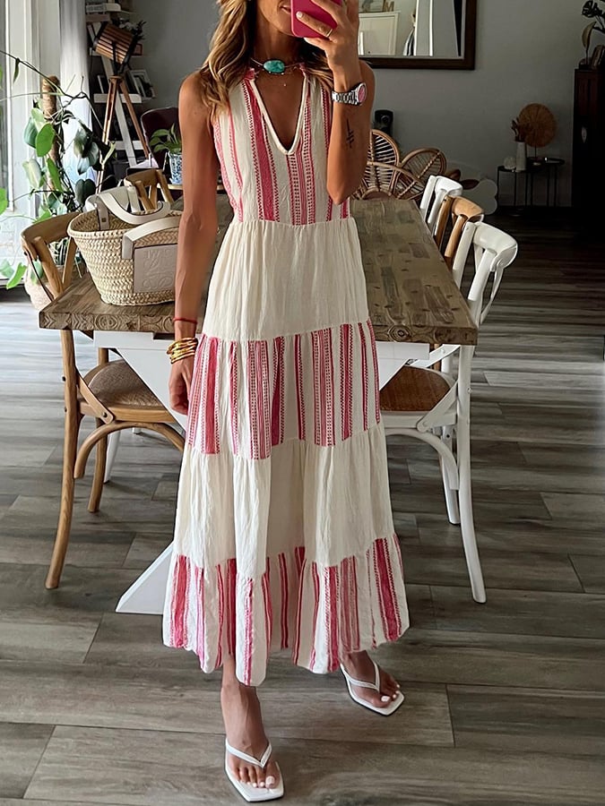 Women's Casual Striped V-Neck Maxi Dress