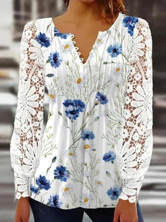 Floral Print Long Sleeve Blouse with Lace Trim - Casual Elegance