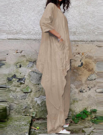 Relaxed Cotton and Linen Jumpsuit with Asymmetrical 3/4 Sleeves