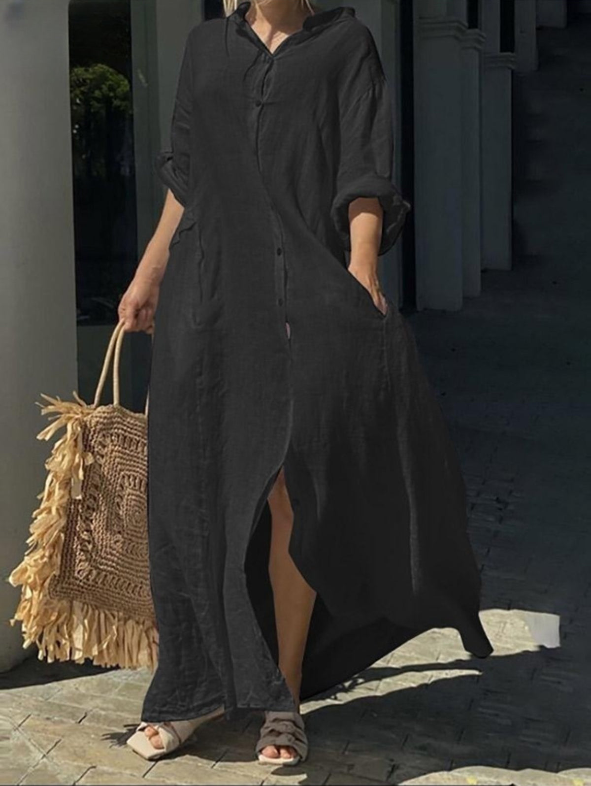 Elegant Casual Long Sleeve Maxi Dress with Pockets and Button Detail