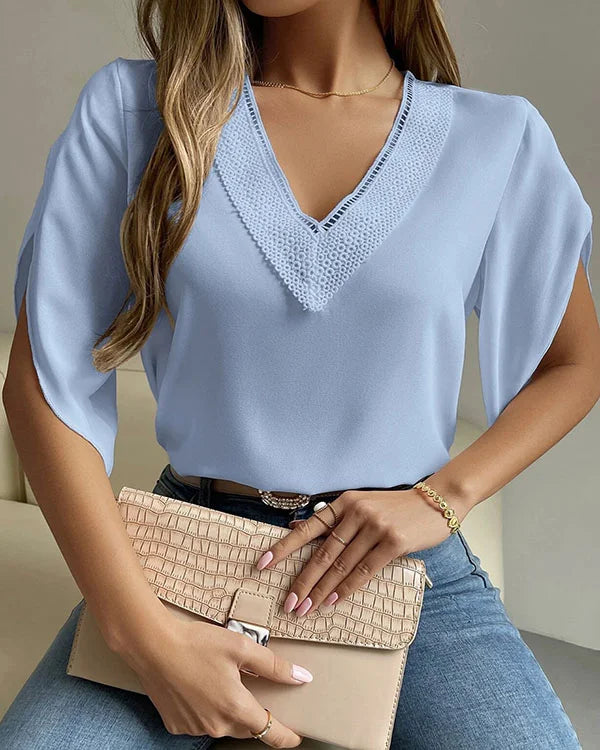 Solid Color V-Neck Top with Lace - Subtle Elegance