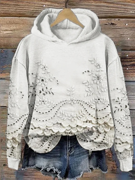 Retro Floral Lace-Trimmed Embroidered Hoodie