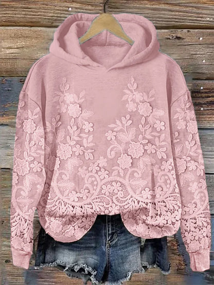 Charming Floral Lace Embroidered Cozy Hoodie