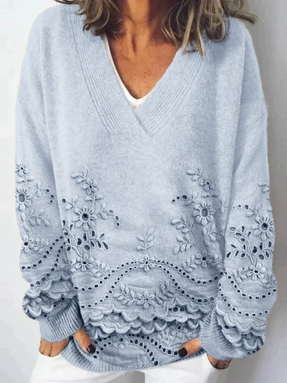 Charming Floral Lace V Neck Knit Sweater