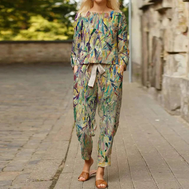 Printed Top and Tied Pants Set for Women’s Suits