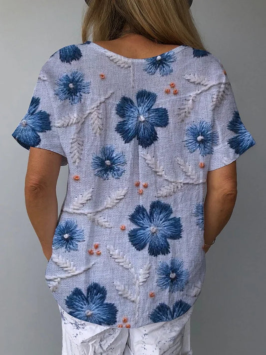 Vintage Floral V-Neck Short Sleeve Cotton-Linen Top for Women