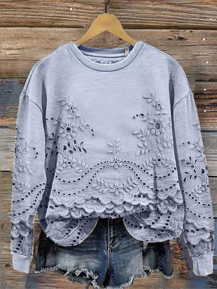 Retro Floral Embroidery Cozy Sweatshirt with Lace Details