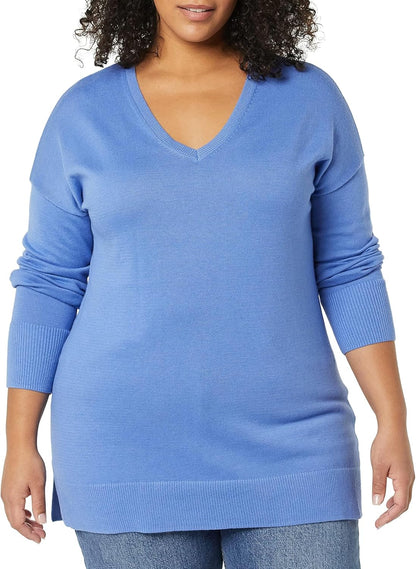 Susan - Essentials Women's Cozy Long-Sleeved V-Neck Tunic Sweater (Plus Size Available)