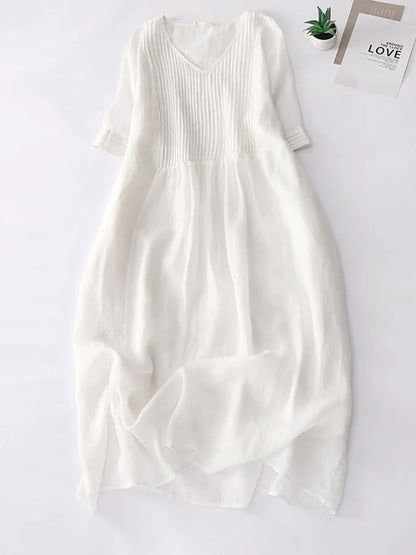 Chic A-Line V Neck Cotton Linen Dress with Pleats