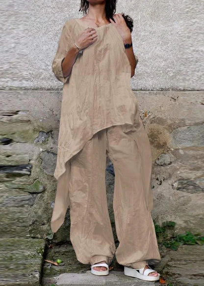 Relaxed Cotton and Linen Jumpsuit with Asymmetrical 3/4 Sleeves