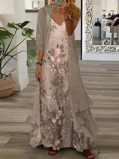 Naya - Coffee-Colored Floral Maxi Dress with Slim Cardigan - Two-Piece Ensemble