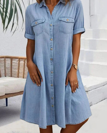 Jackie - Elegant Midi Dress with Short Sleeves and Button Front