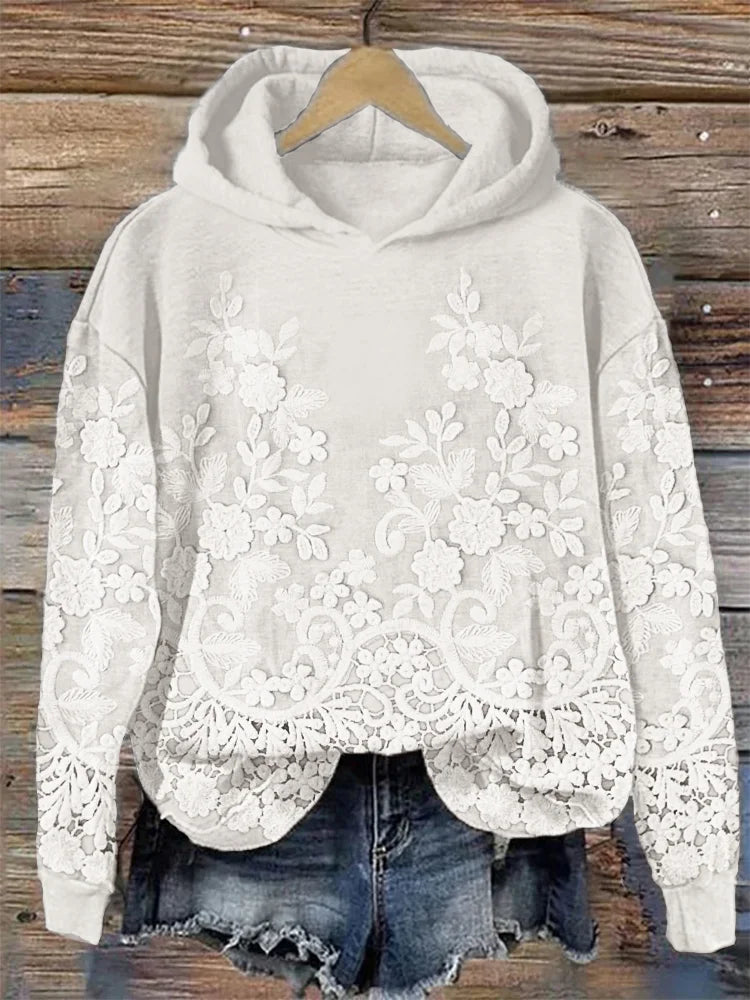 Charming Floral Lace Embroidered Cozy Hoodie