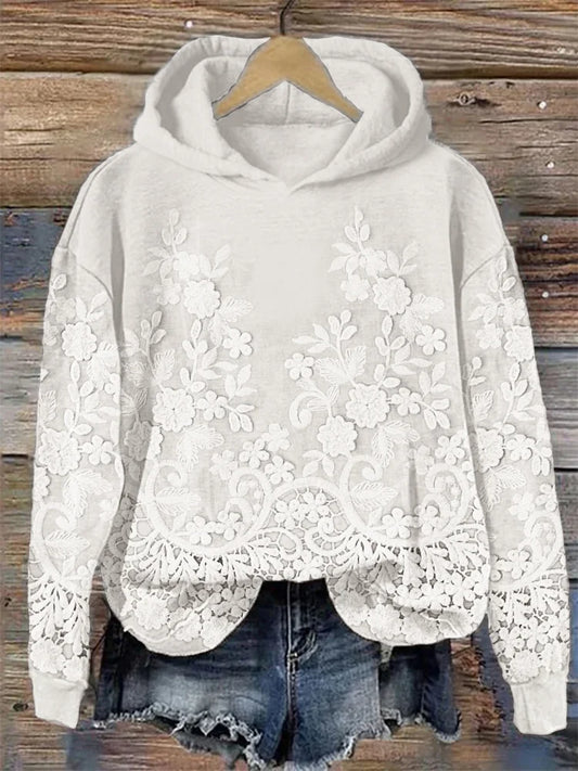 Charming Floral Lace Embroidered Cozy Hoodie