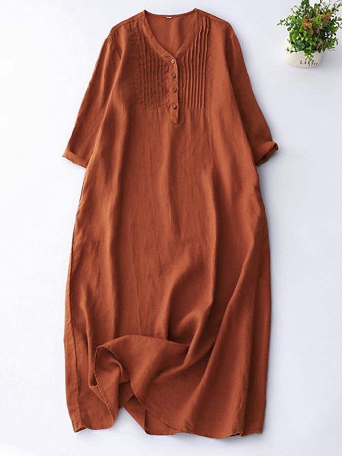 Casual Solid Color Women's V-Neck Dress with Pockets and Button Details