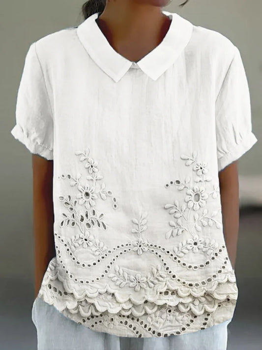 Floral Embroidered Lace Trim Linen Blend Cottage Tunic