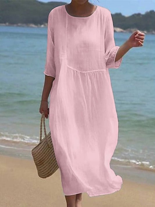 Elegant 3/4 Sleeve Cotton Linen Dress for Women