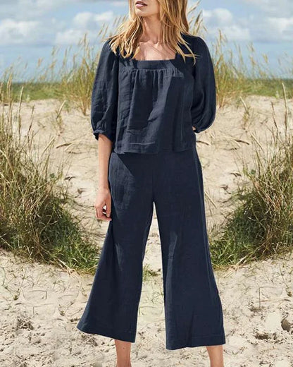 Solid Cotton-Linen Jumpsuit with Long Sleeves in Relaxed Fit