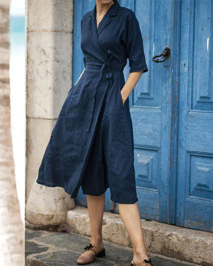 Proctor - Elegant Linen Dresses with Turn Down Collar and Lace Accents