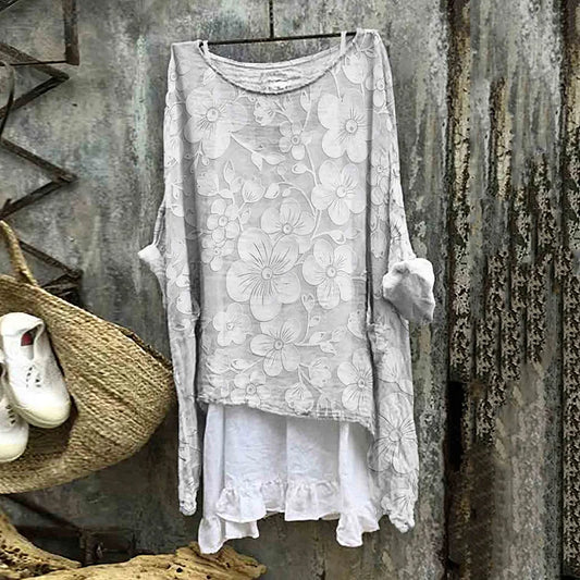 Bohemian Floral Embroidered Linen Blend Flowing Tunic